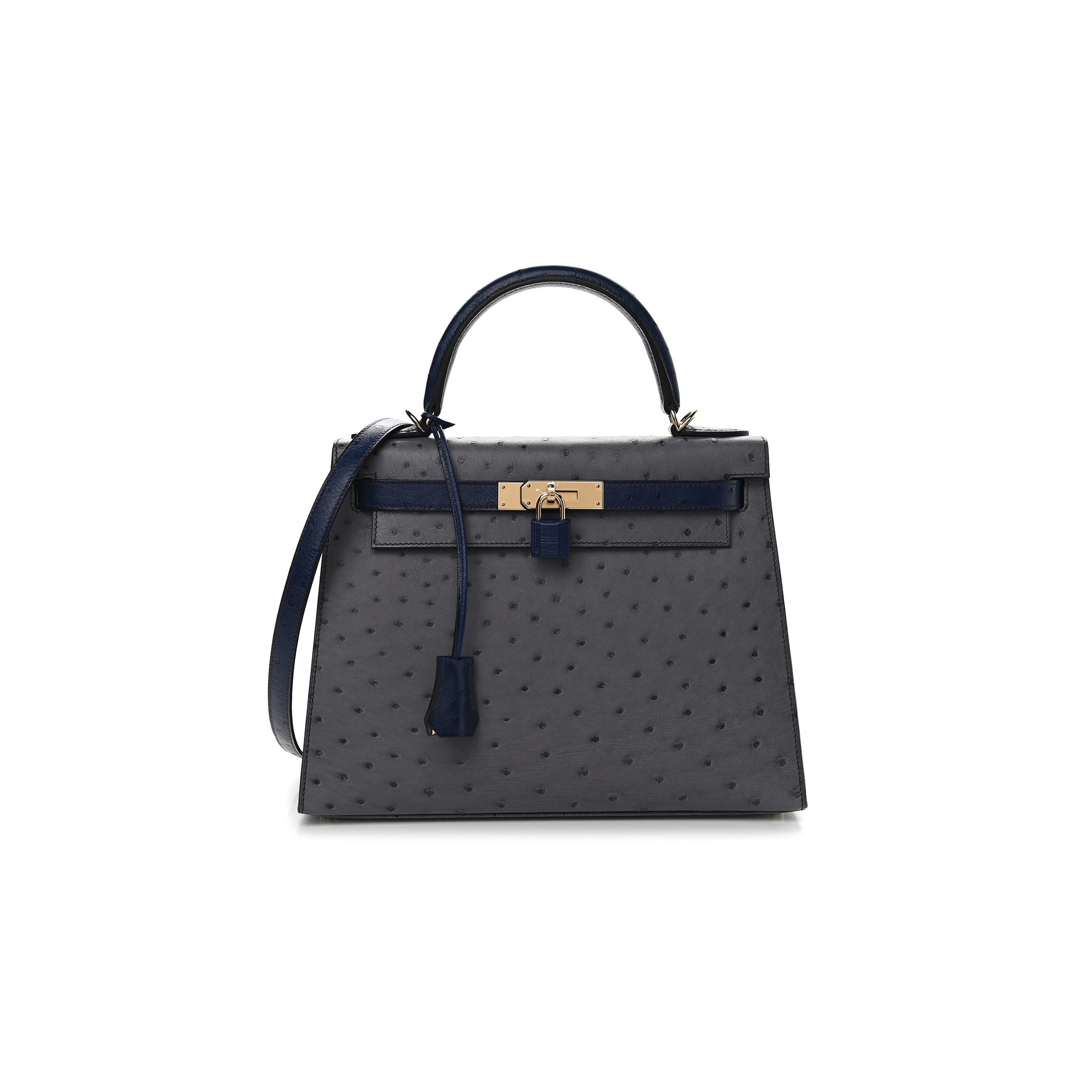 HERMÈS MASTER OSTRICH HORSESHOE KELLY SELLIER 28 GRIS AGATE BLEU IRIS (28*22*10cm)